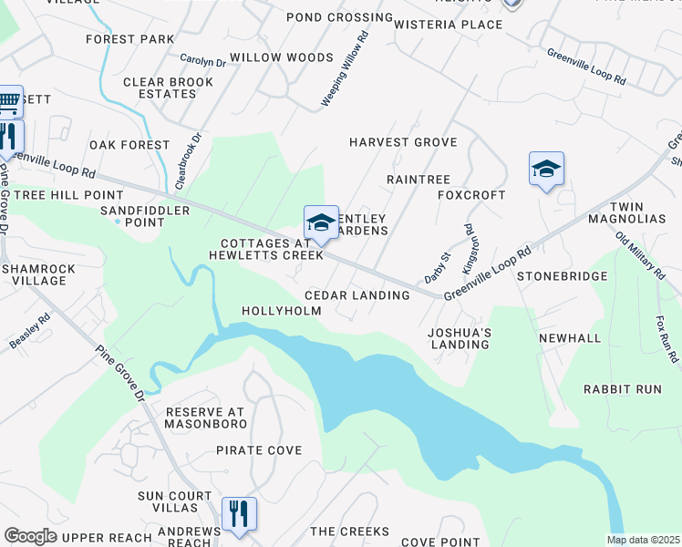 map of restaurants, bars, coffee shops, grocery stores, and more near 2505 Royal Palm Lane in Wilmington