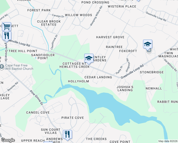map of restaurants, bars, coffee shops, grocery stores, and more near 2521 Royal Palm Lane in Wilmington