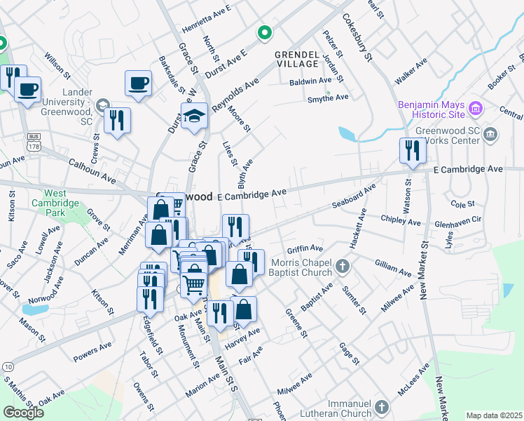 map of restaurants, bars, coffee shops, grocery stores, and more near 127 Willowdale Court in Greenwood