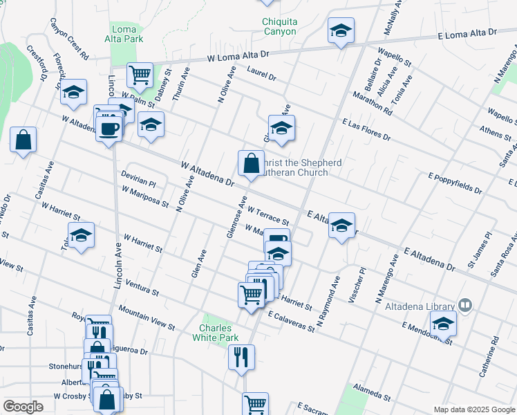 map of restaurants, bars, coffee shops, grocery stores, and more near 121 West Terrace Street in Altadena