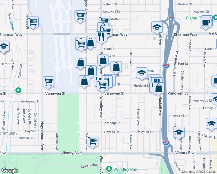 map of restaurants, bars, coffee shops, grocery stores, and more near 16038 Hartland Street in Los Angeles
