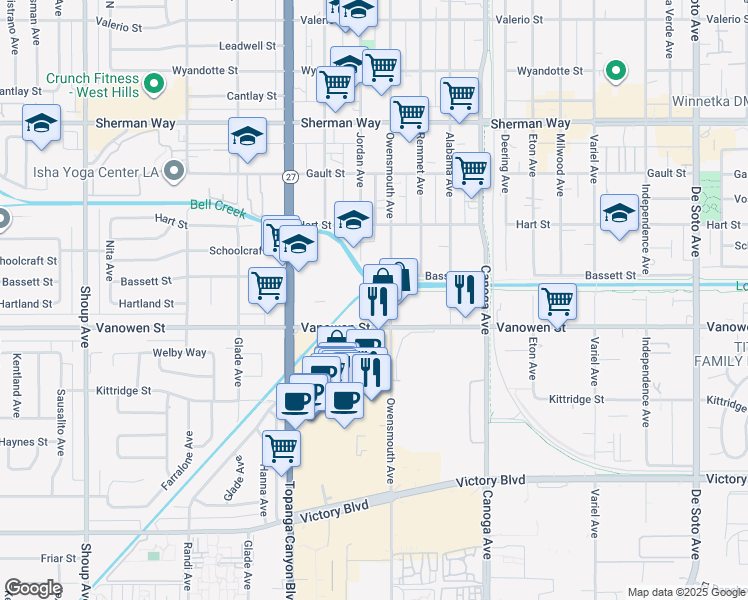 map of restaurants, bars, coffee shops, grocery stores, and more near 6830 Jordan Avenue in Los Angeles