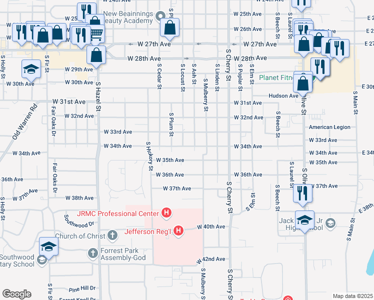 map of restaurants, bars, coffee shops, grocery stores, and more near 1312 West 35th Avenue in Pine Bluff