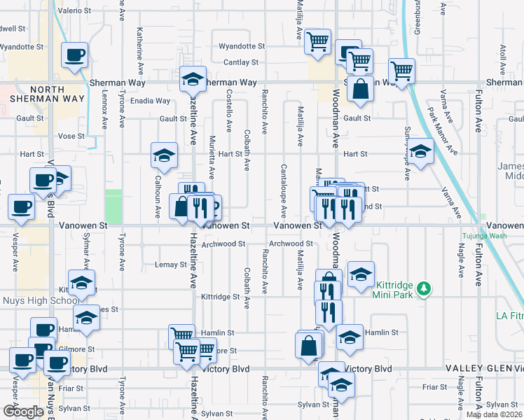 map of restaurants, bars, coffee shops, grocery stores, and more near 6825 Ranchito Avenue in Los Angeles
