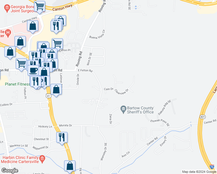 map of restaurants, bars, coffee shops, grocery stores, and more near 6 Cain Drive in Cartersville