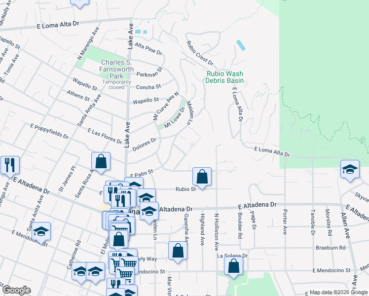 map of restaurants, bars, coffee shops, grocery stores, and more near 2857 Reposa Lane in Altadena
