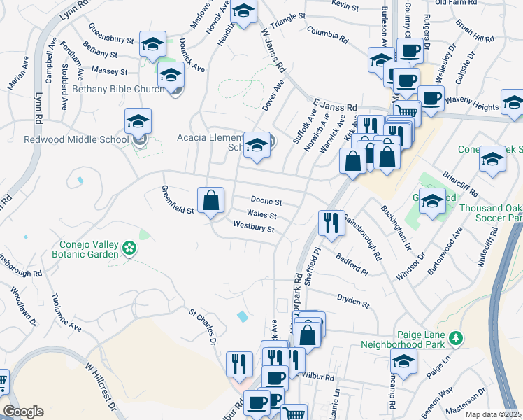 map of restaurants, bars, coffee shops, grocery stores, and more near 53 Wales Street in Thousand Oaks