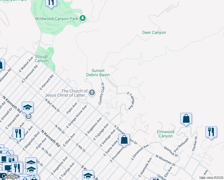 map of restaurants, bars, coffee shops, grocery stores, and more near 1613 Camino De Villas in Burbank
