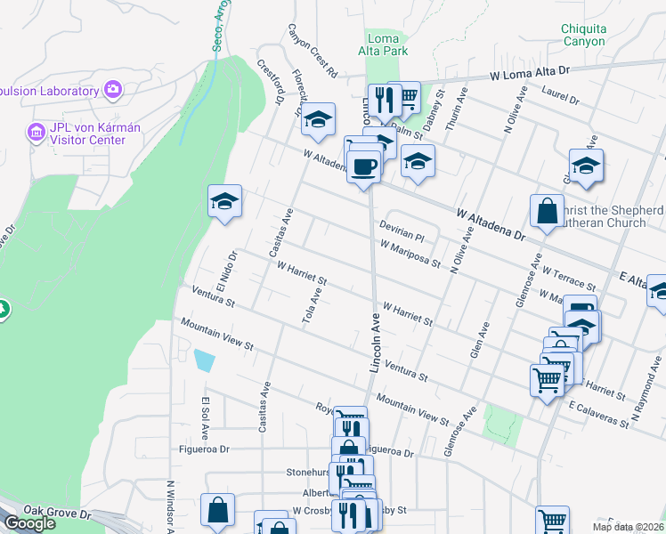 map of restaurants, bars, coffee shops, grocery stores, and more near 590 West Harriet Street in Altadena