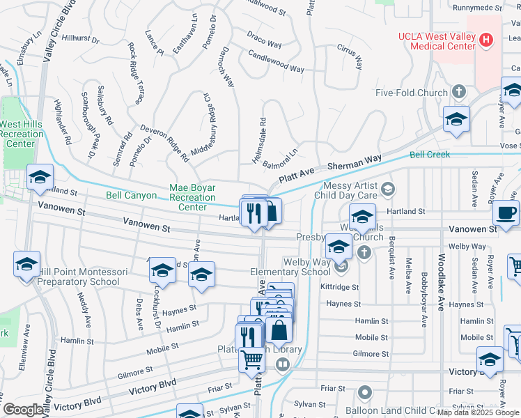 map of restaurants, bars, coffee shops, grocery stores, and more near 6911 Platt Avenue in Los Angeles