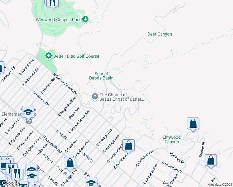 map of restaurants, bars, coffee shops, grocery stores, and more near 1613 Camino De Villas in Burbank