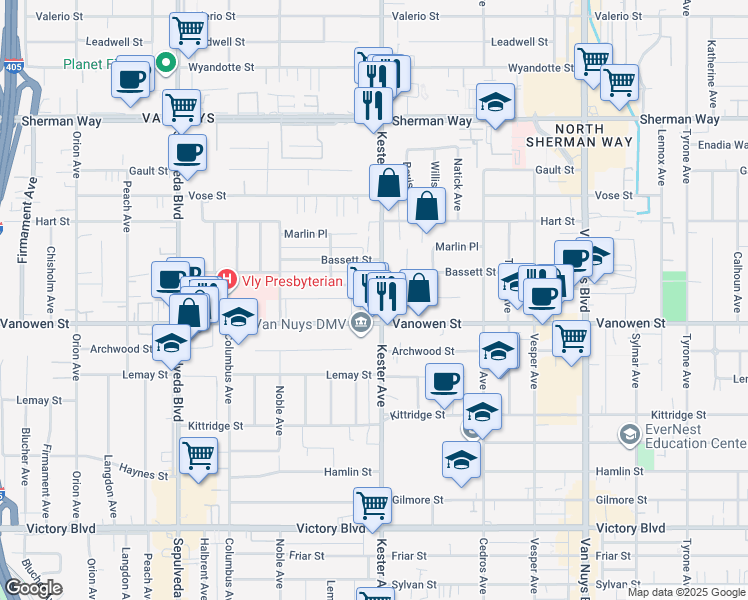 map of restaurants, bars, coffee shops, grocery stores, and more near 14913 Hartland Street in Los Angeles