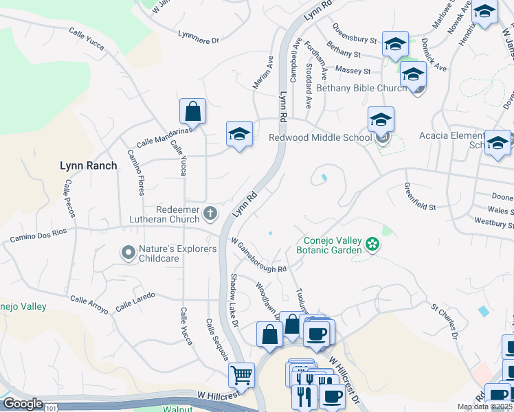 map of restaurants, bars, coffee shops, grocery stores, and more near 1097 Monte Sereno Drive in Thousand Oaks