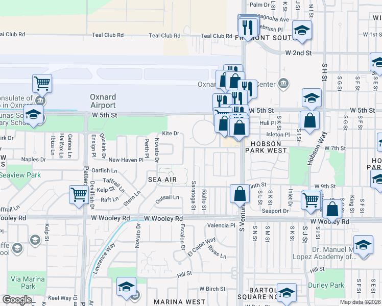 map of restaurants, bars, coffee shops, grocery stores, and more near 1600 West 5th Street in Oxnard