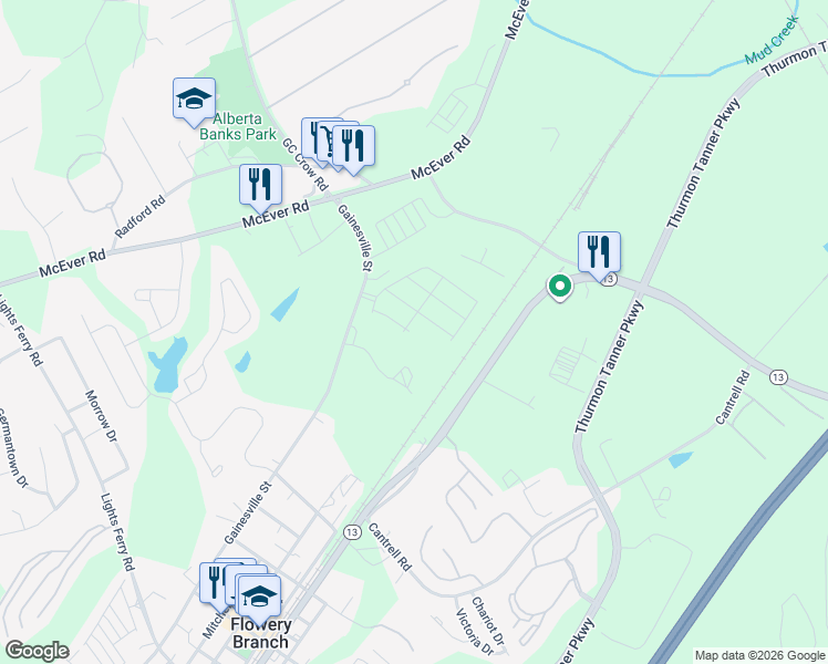 map of restaurants, bars, coffee shops, grocery stores, and more near 5183 Gainesville Street in Flowery Branch