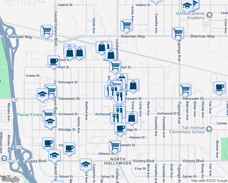 map of restaurants, bars, coffee shops, grocery stores, and more near 6847 Simpson Avenue in Los Angeles