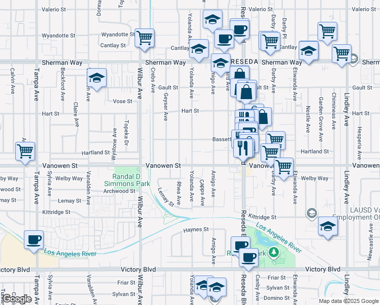 map of restaurants, bars, coffee shops, grocery stores, and more near 6835 Yolanda Avenue in Los Angeles