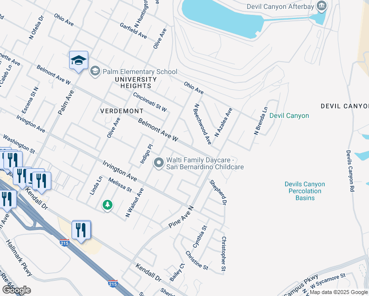 map of restaurants, bars, coffee shops, grocery stores, and more near 2505 Belmont Avenue West in San Bernardino