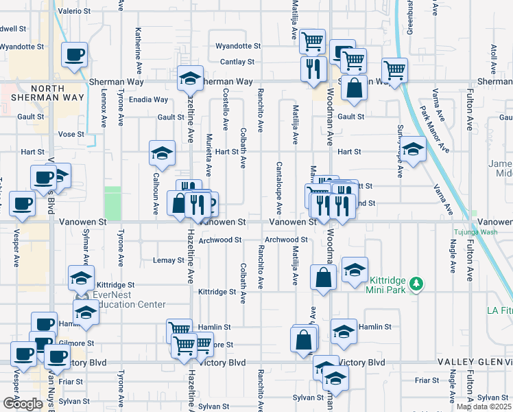 map of restaurants, bars, coffee shops, grocery stores, and more near 6827 Ranchito Avenue in Los Angeles