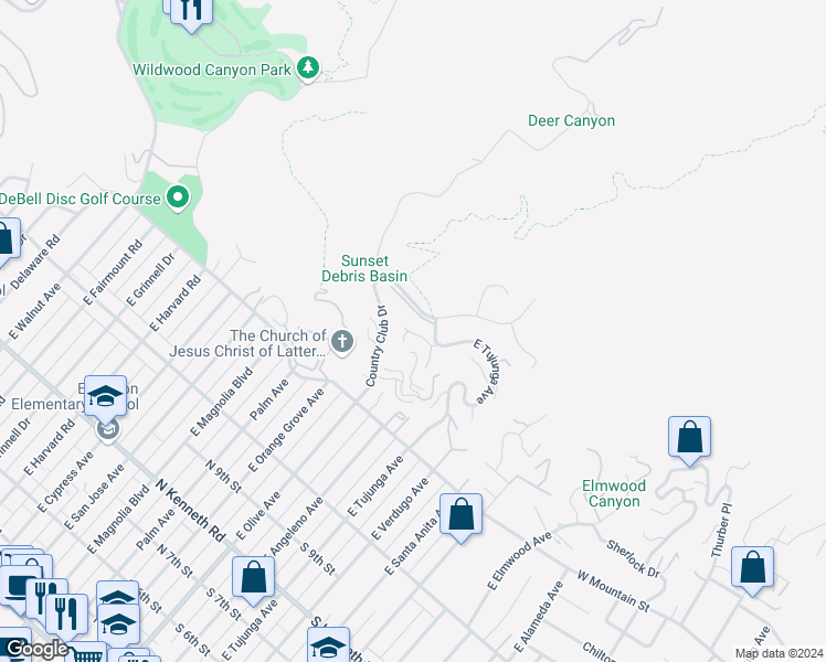 map of restaurants, bars, coffee shops, grocery stores, and more near 1617 Camino De Villas in Burbank