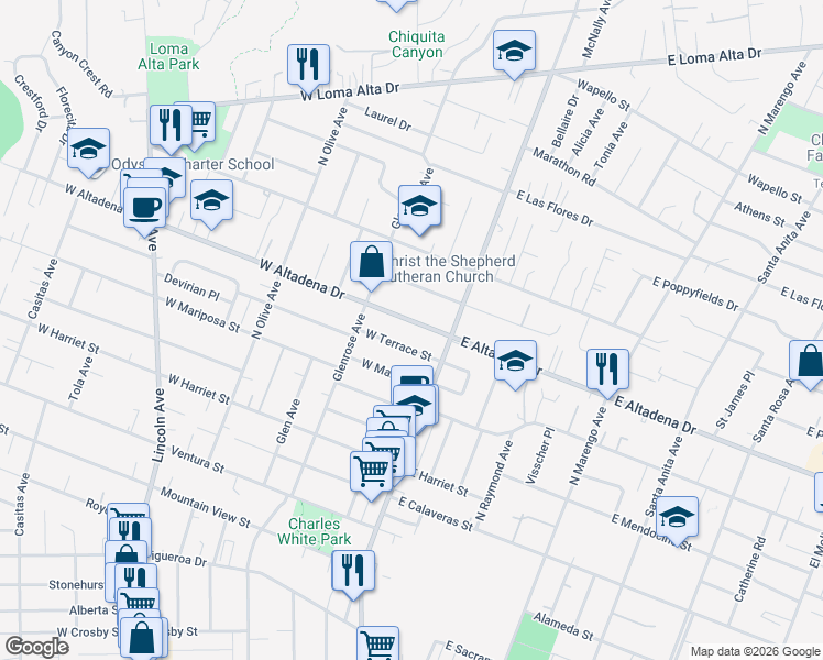 map of restaurants, bars, coffee shops, grocery stores, and more near 70 West Altadena Drive in Altadena