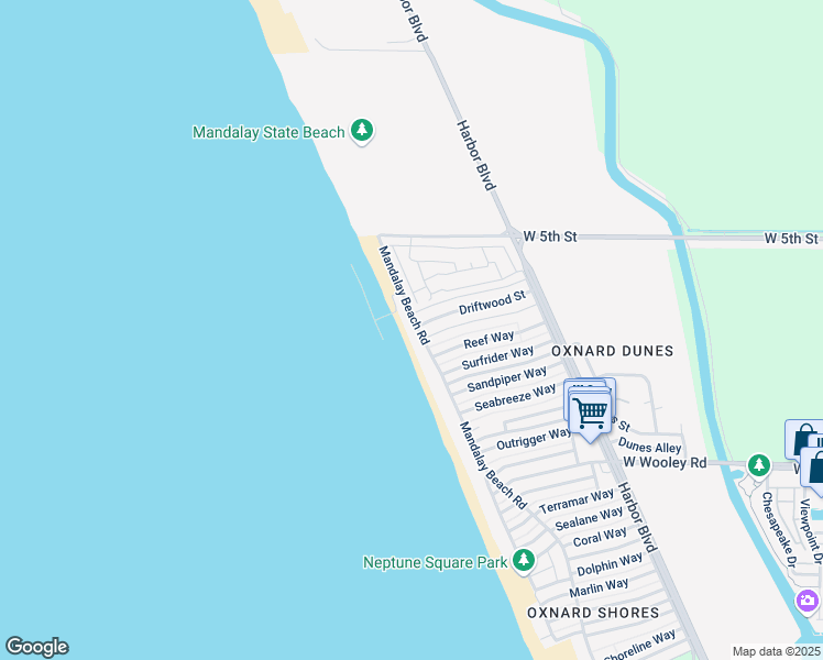 map of restaurants, bars, coffee shops, grocery stores, and more near 681 Mandalay Beach Road in Oxnard
