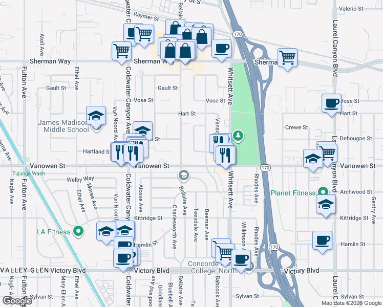 map of restaurants, bars, coffee shops, grocery stores, and more near 12630 Hartland Street in Los Angeles