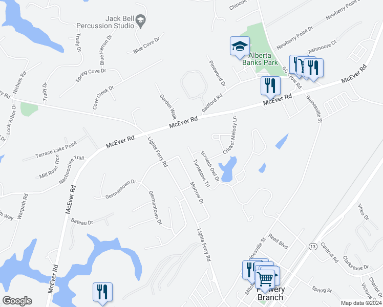 map of restaurants, bars, coffee shops, grocery stores, and more near 5705 Turnstone Trail in Flowery Branch