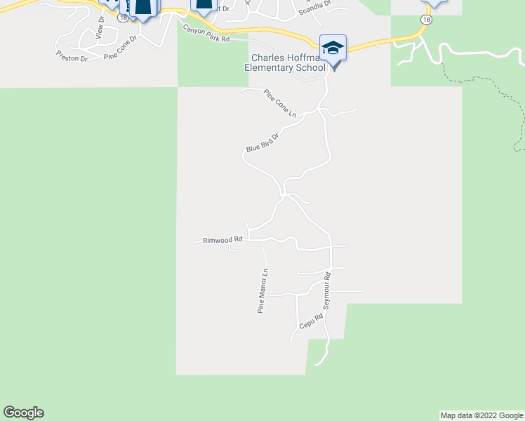 map of restaurants, bars, coffee shops, grocery stores, and more near 32310 Hummingbird Court in Running Springs