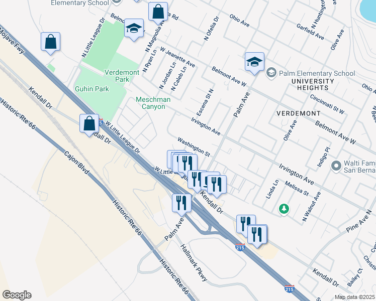 map of restaurants, bars, coffee shops, grocery stores, and more near 3230 Washington Street in San Bernardino