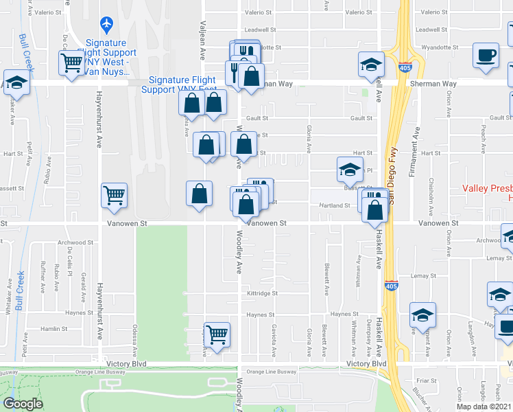map of restaurants, bars, coffee shops, grocery stores, and more near 16038 Hartland Street in Los Angeles