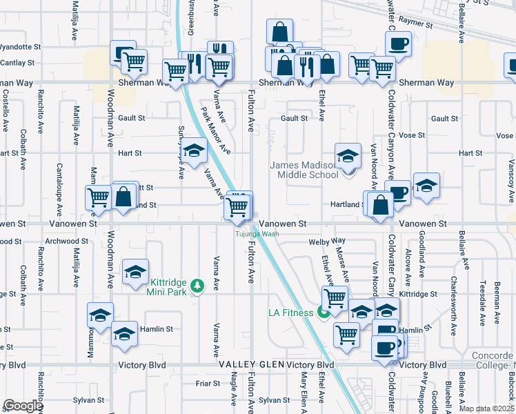 map of restaurants, bars, coffee shops, grocery stores, and more near 6828 Fulton Avenue in Los Angeles