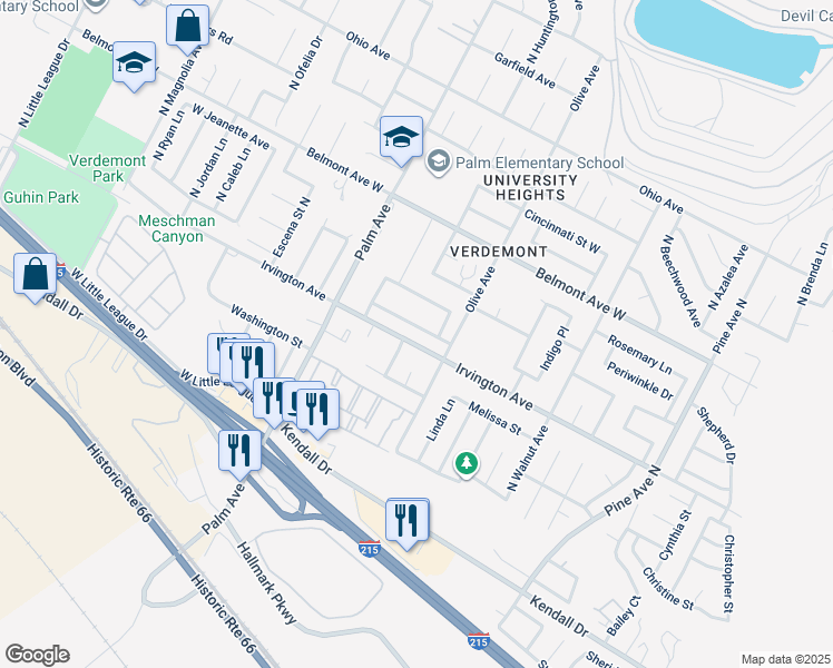 map of restaurants, bars, coffee shops, grocery stores, and more near 2947 Muir Mountain Way in San Bernardino