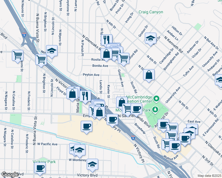 map of restaurants, bars, coffee shops, grocery stores, and more near 1900 Keeler Street in Burbank