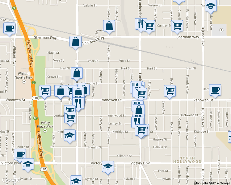 map of restaurants, bars, coffee shops, grocery stores, and more near 6861 Morella Avenue in Los Angeles
