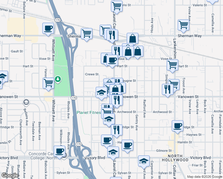 map of restaurants, bars, coffee shops, grocery stores, and more near 6850 1/2 Laurel Canyon Boulevard in Los Angeles