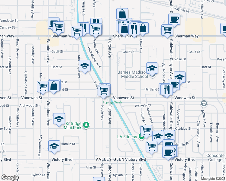 map of restaurants, bars, coffee shops, grocery stores, and more near 6858 Fulton Avenue in Los Angeles