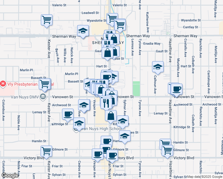 map of restaurants, bars, coffee shops, grocery stores, and more near 6857 Van Nuys Boulevard in Los Angeles