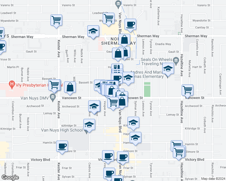 map of restaurants, bars, coffee shops, grocery stores, and more near 14547 Hartland Street in Los Angeles
