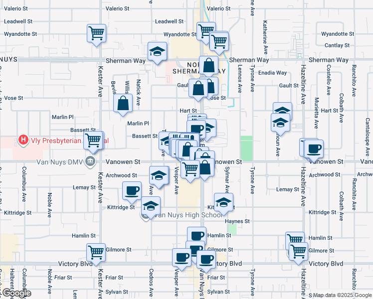 map of restaurants, bars, coffee shops, grocery stores, and more near 14547 Hartland Street in Los Angeles