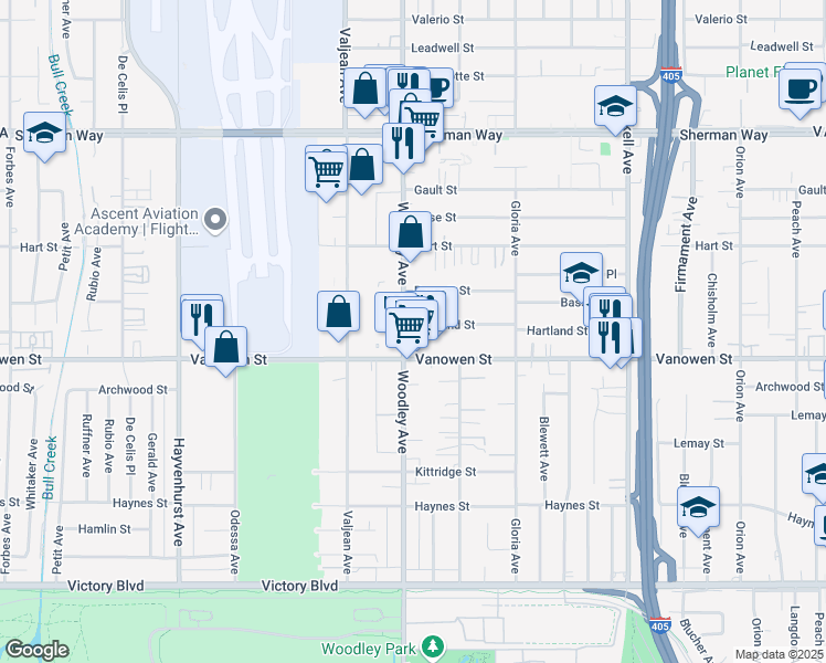 map of restaurants, bars, coffee shops, grocery stores, and more near 6856 Woodley Avenue in Los Angeles
