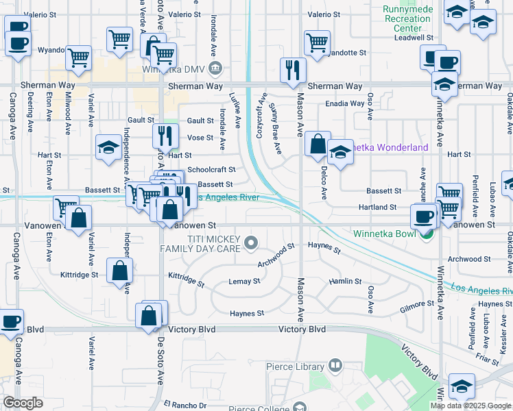 map of restaurants, bars, coffee shops, grocery stores, and more near 6905 Lurline Avenue in Los Angeles