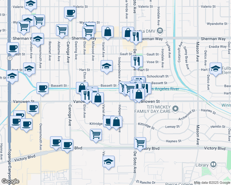 map of restaurants, bars, coffee shops, grocery stores, and more near 21023 Bassett Street in Los Angeles