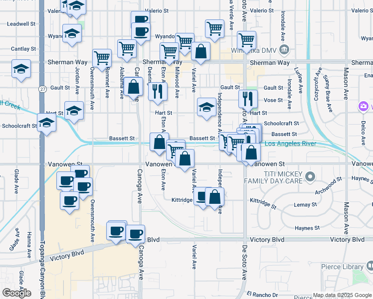 map of restaurants, bars, coffee shops, grocery stores, and more near 6903 Variel Avenue in Los Angeles