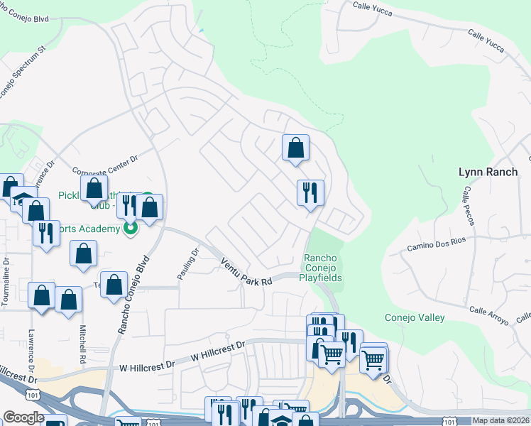 map of restaurants, bars, coffee shops, grocery stores, and more near 1663 Fox Springs Circle in Thousand Oaks