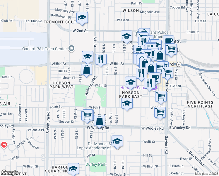 map of restaurants, bars, coffee shops, grocery stores, and more near 635 South G Street in Oxnard