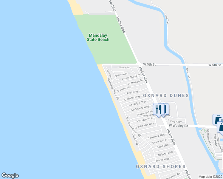map of restaurants, bars, coffee shops, grocery stores, and more near 681 Mandalay Beach Road in Oxnard