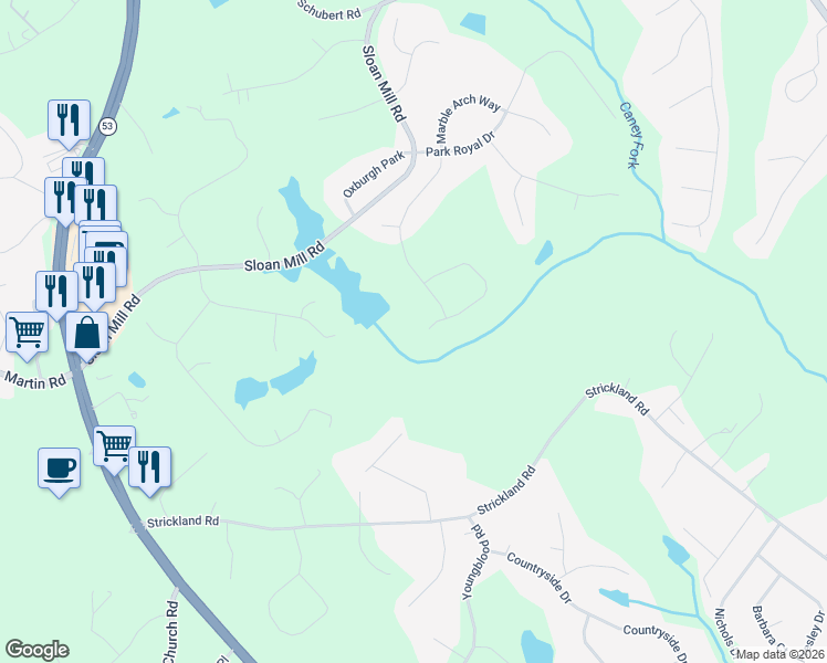 map of restaurants, bars, coffee shops, grocery stores, and more near 4490 Longmead Road in Flowery Branch