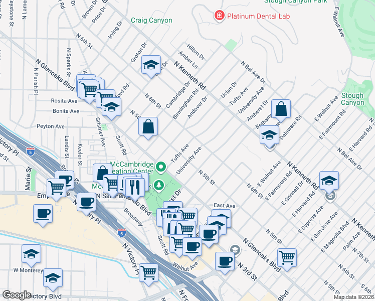 map of restaurants, bars, coffee shops, grocery stores, and more near 510 Tufts Avenue in Burbank