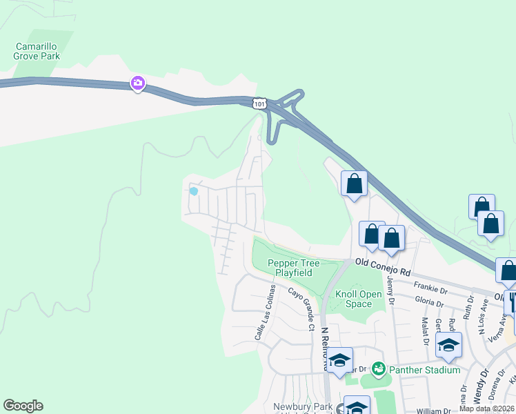 map of restaurants, bars, coffee shops, grocery stores, and more near La Encina in Thousand Oaks
